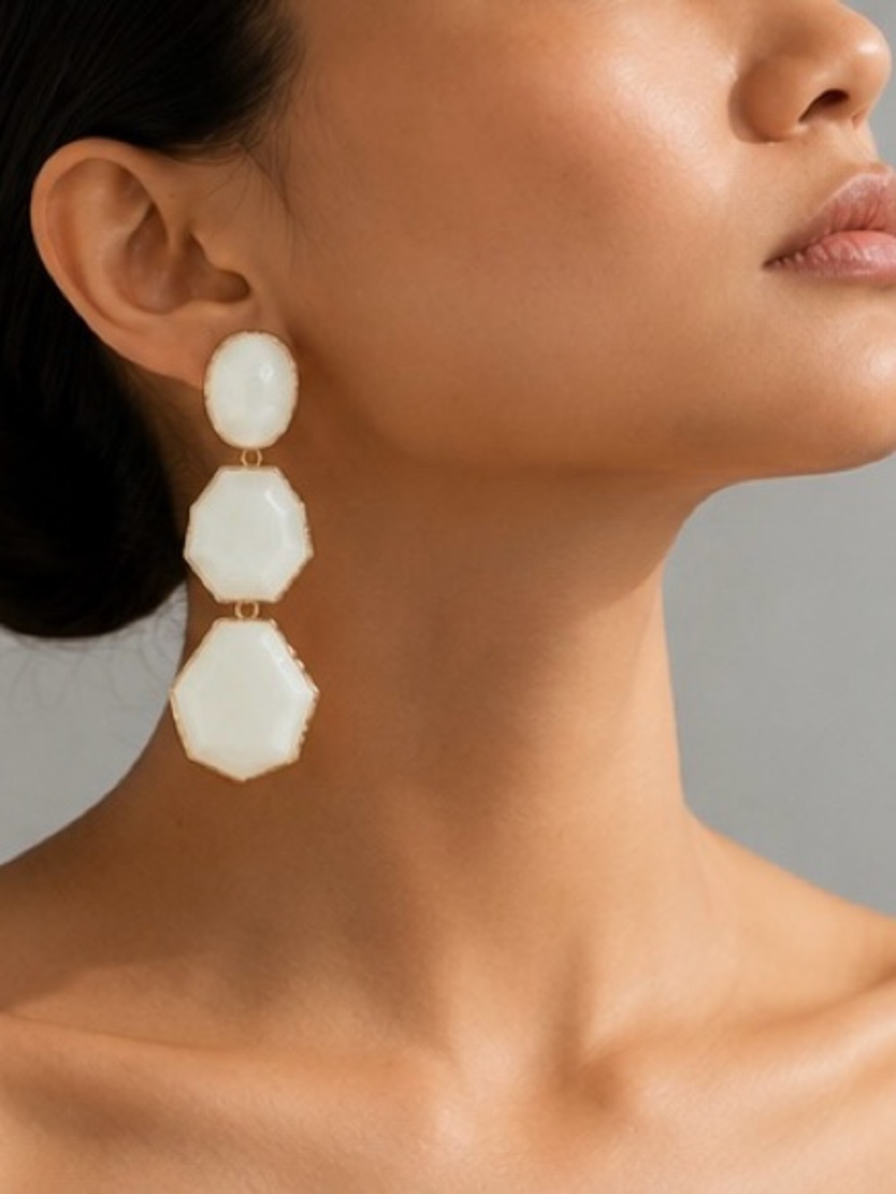 White and Gold Triple-Drop Geometric Earrings